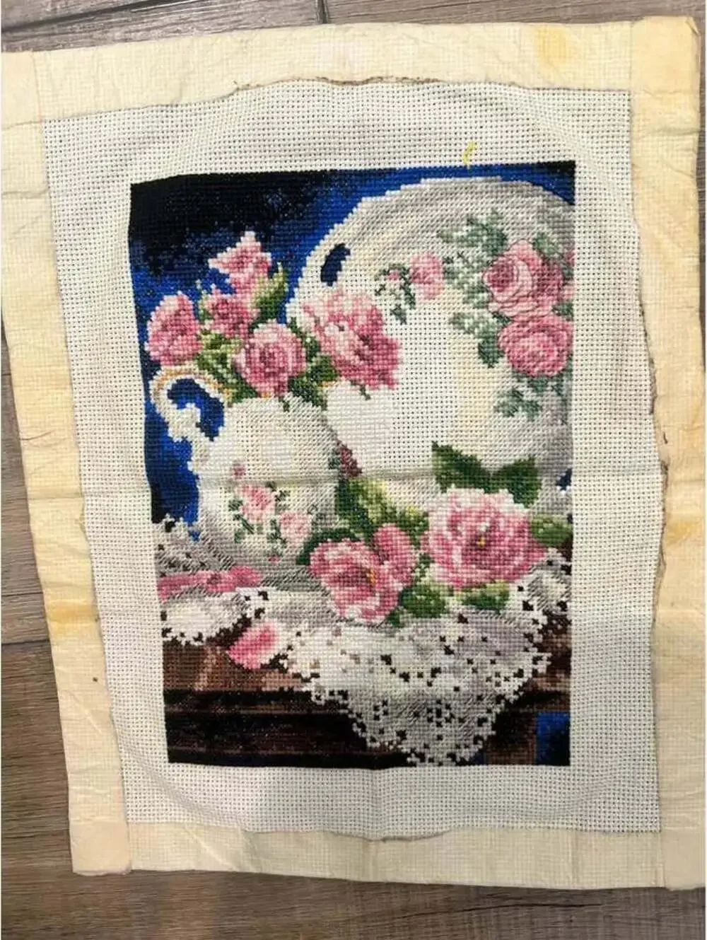 Handmade Floral Cross Stitch Roses and Pitcher on doily Grannycore Cottagecore